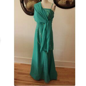 1990's Vintage Romantic Bridal Turquoise Chiffon Beaded Evening Gown with Train